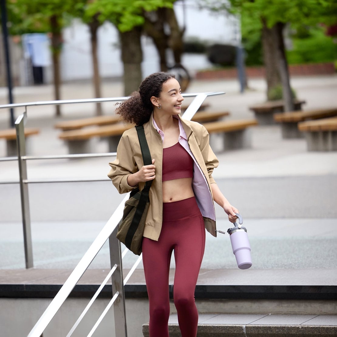 Burgundy Activewear with Tan Bomber Jacket — Cute Running Outfits