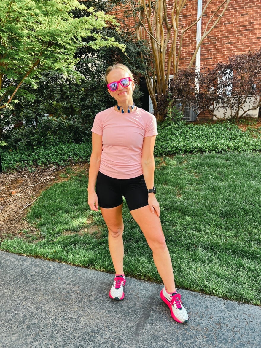 Pink T-Shirt and Black Running Shorts — Cute Running Outfits