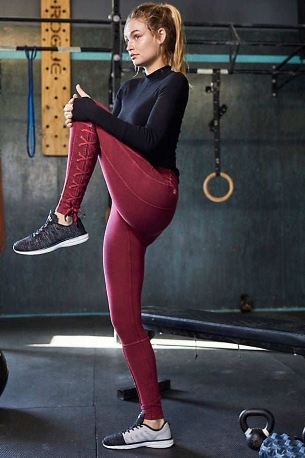 Burgundy Leggings with Lace-Up Detail — Cute Running Outfits