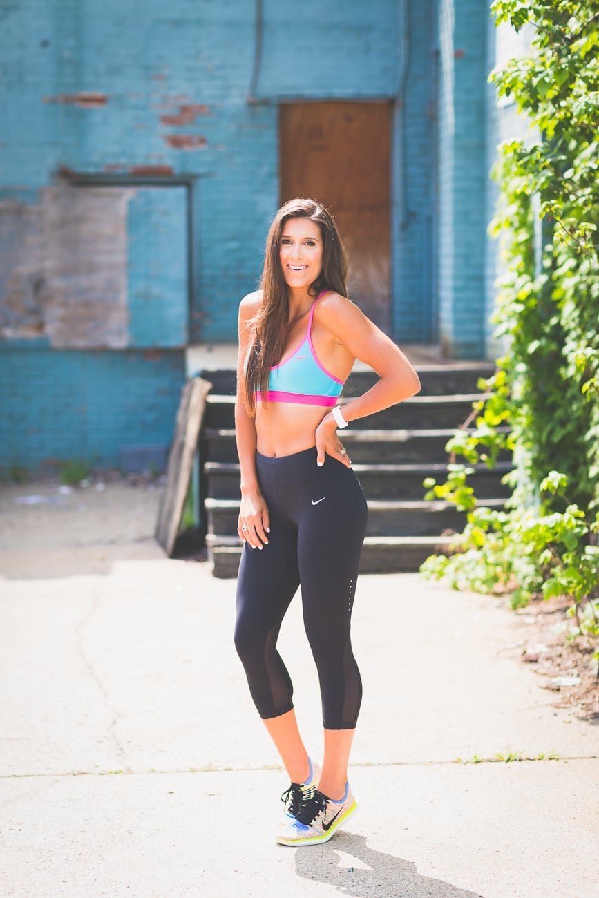Blue and Pink Sports Bra with Capri Leggings — Cute Running Outfits