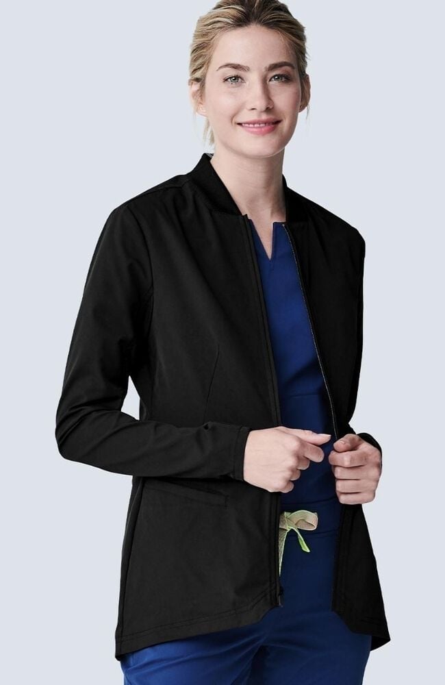 Black Bomber-Style Scrub Jacket Over Blue Top — Cute Scrubs Outfits