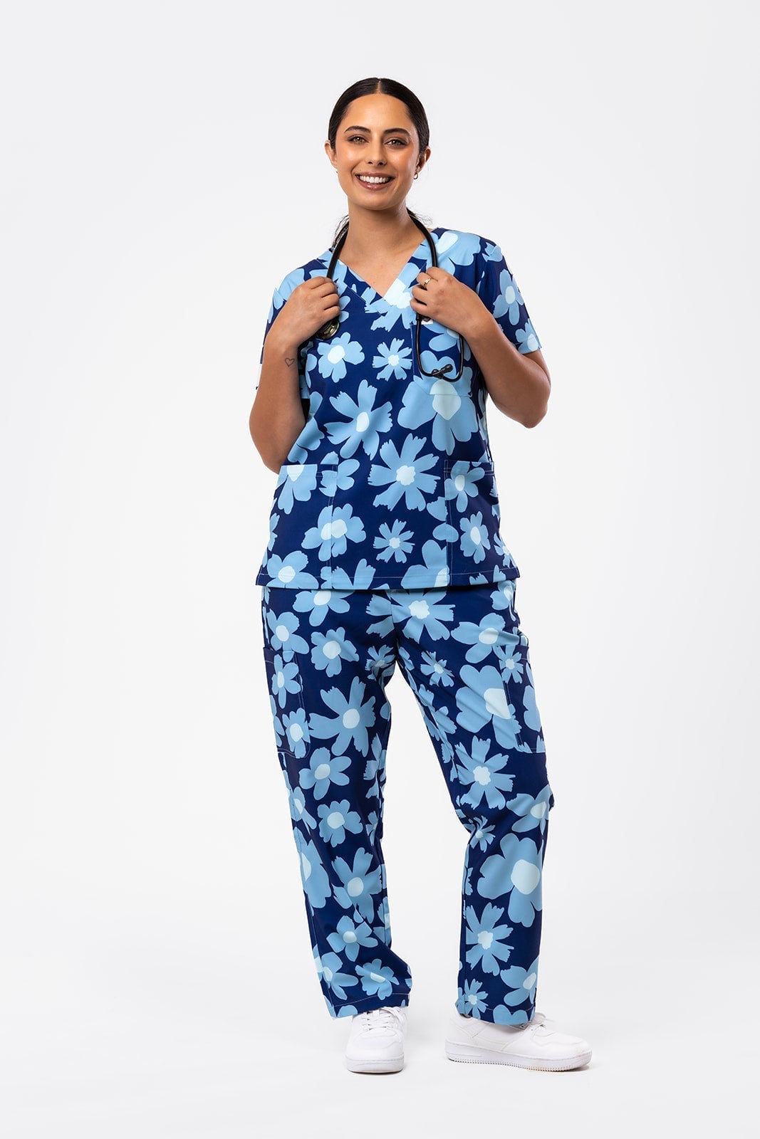 Blue Scrub Set with Large Floral Print — Cute Scrubs Outfits