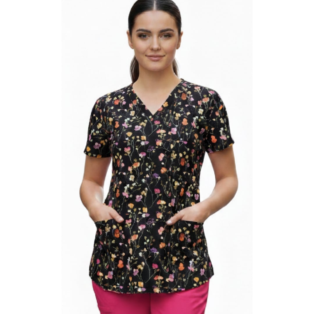 Floral Print Black Top with Pink Scrub Pants — Cute Scrubs Outfits
