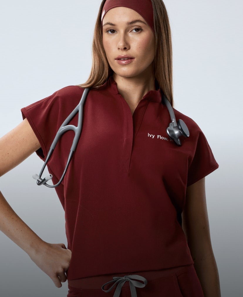 Deep Red Scrub Top with Unique High Collar — Cute Scrubs Outfits
