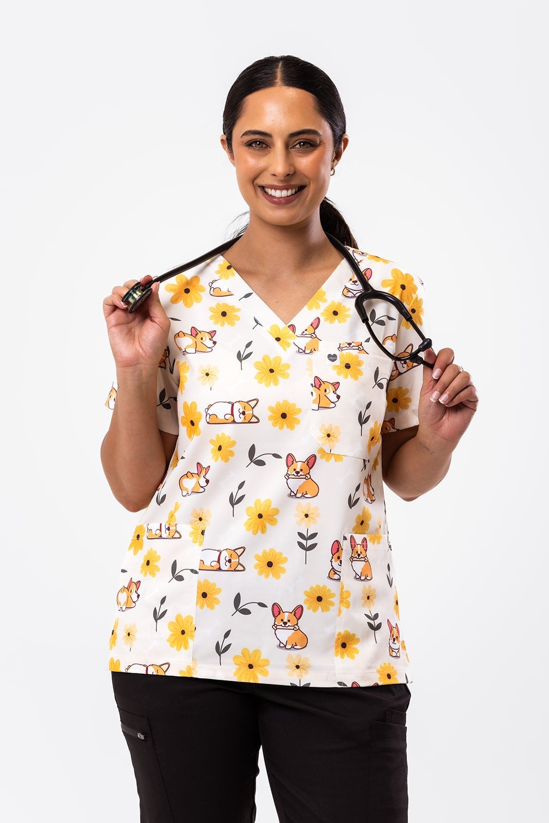 White Scrub Top with Corgi and Floral Print — Cute Scrubs Outfits