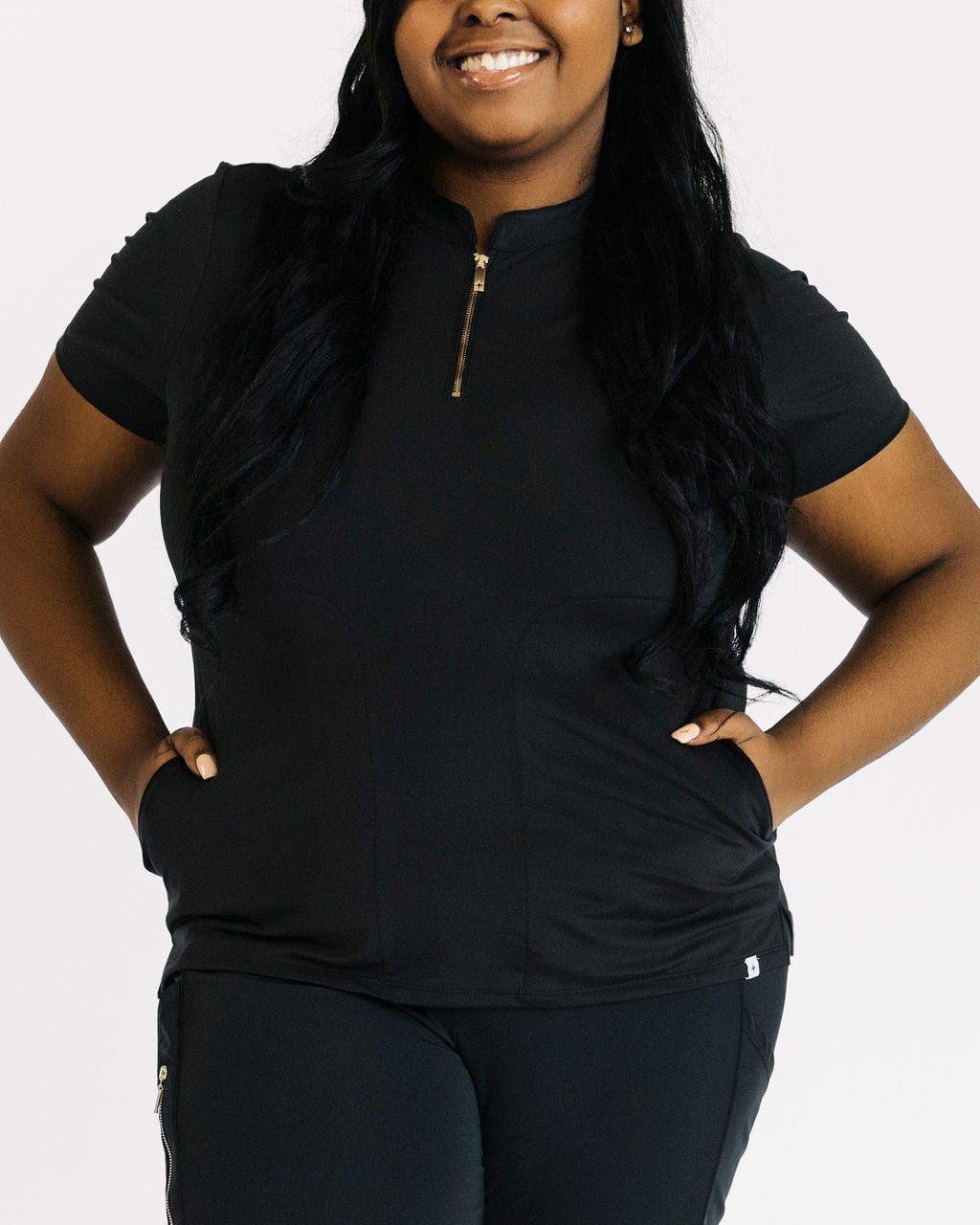 Black Scrub Top with High Neckline and Gold Zipper — Cute Scrubs Outfits