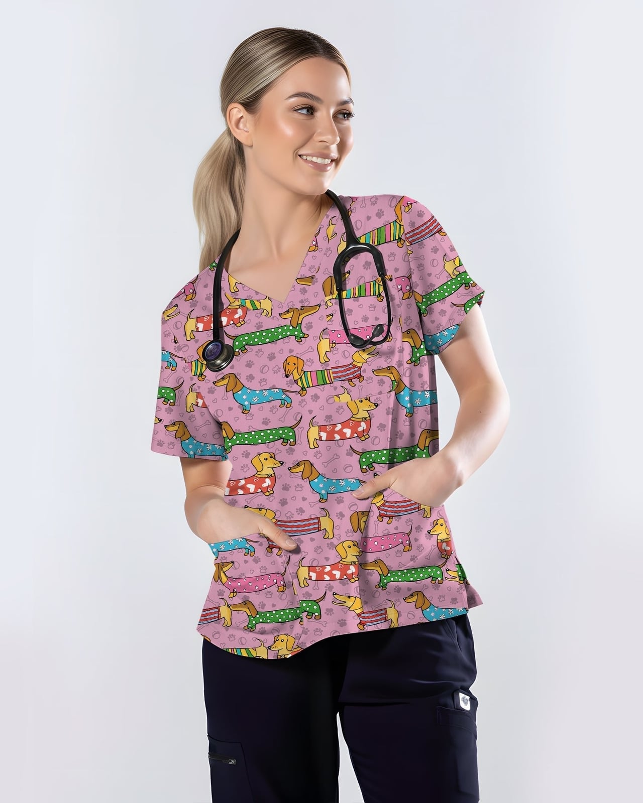 Pink Scrub Top with Dachshund Print — Cute Scrubs Outfits