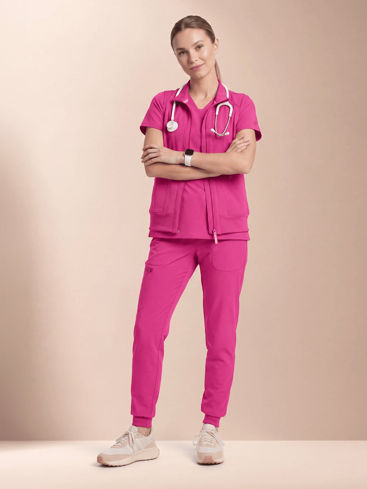 Bright Pink Jogger Scrub Set with Zip Detail — Cute Scrubs Outfits