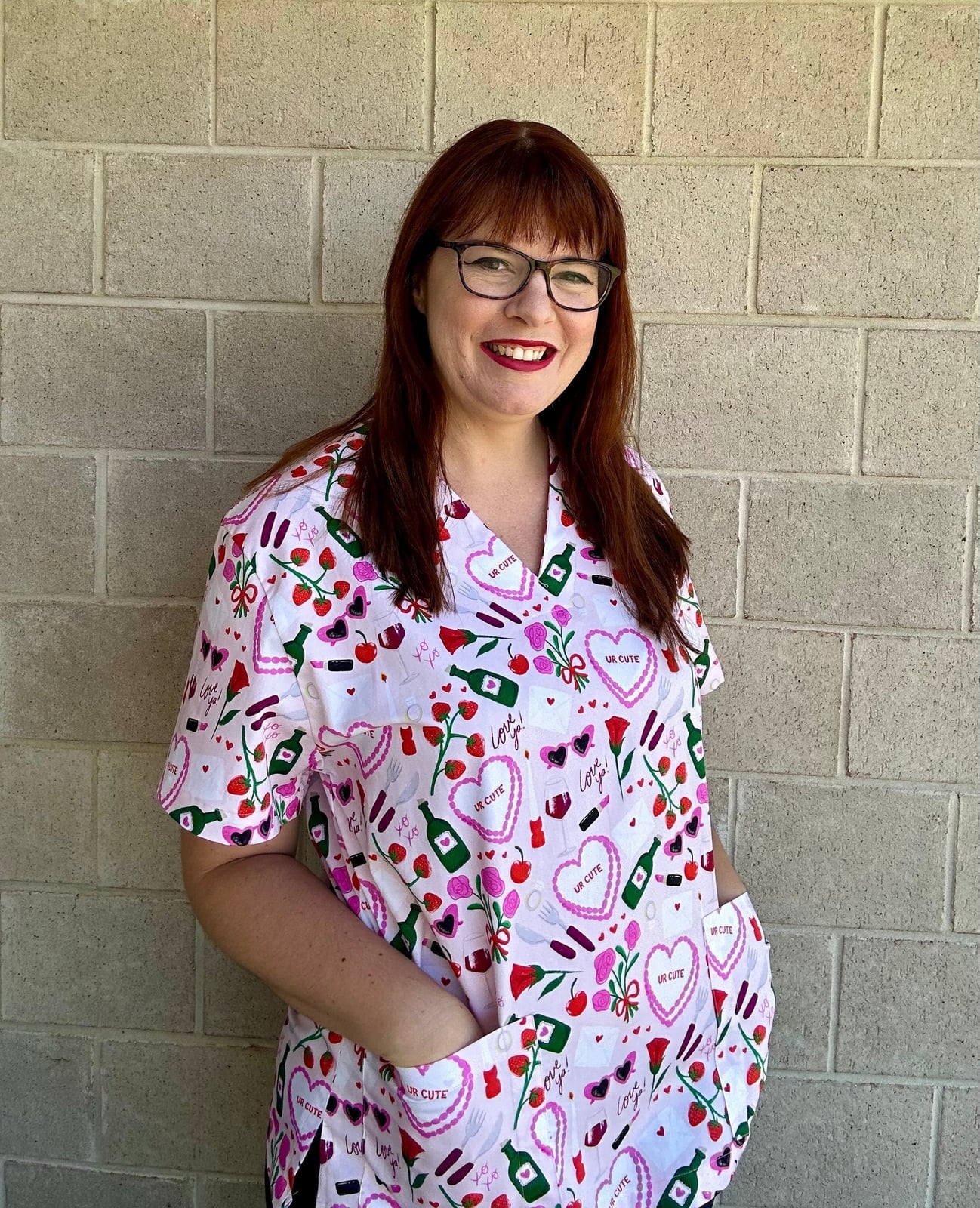 White Scrub Top with Strawberry and Wine Bottle Print — Cute Scrubs Outfits