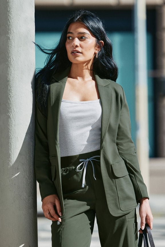 Olive Green Blazer Over Grey Tank and Jogger Pants — Cute Scrubs Outfits