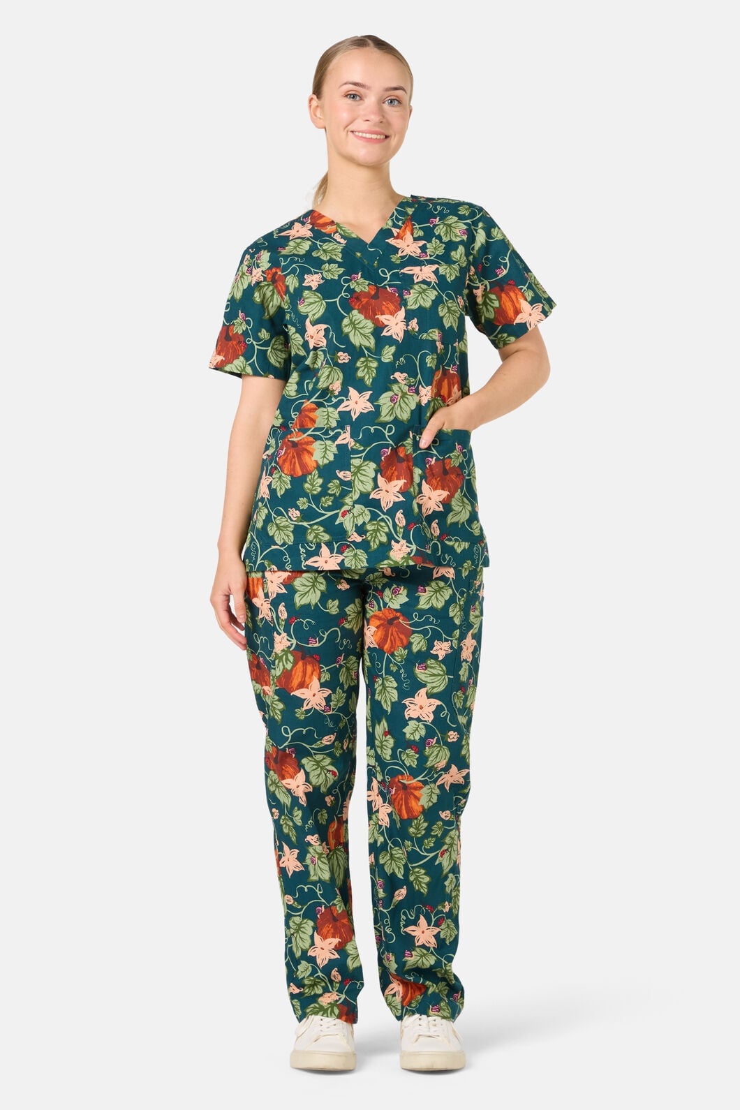 Teal Scrub Set with Floral Print and White Sneakers — Cute Scrubs Outfits