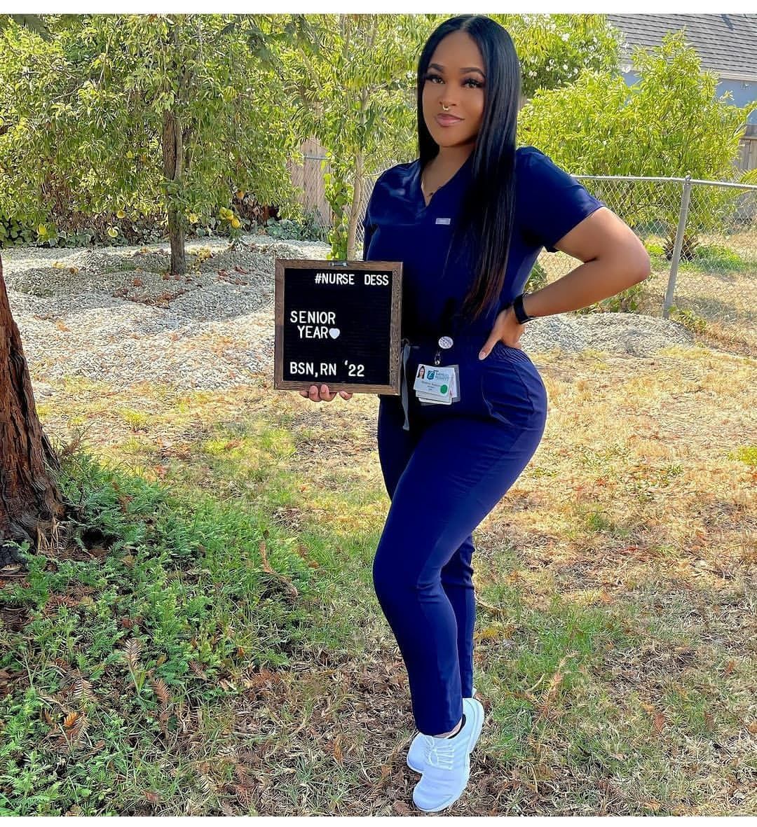 Navy Blue Fitted Scrub Set with White Sneakers — Cute Scrubs Outfits