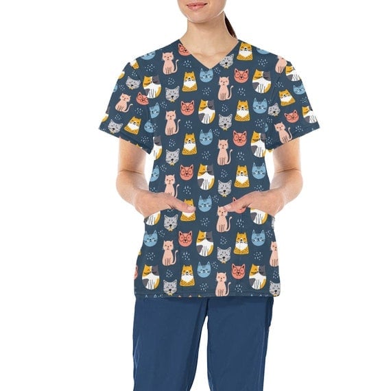 Navy Scrub Set with All-Over Cat Face Print — Cute Scrubs Outfits