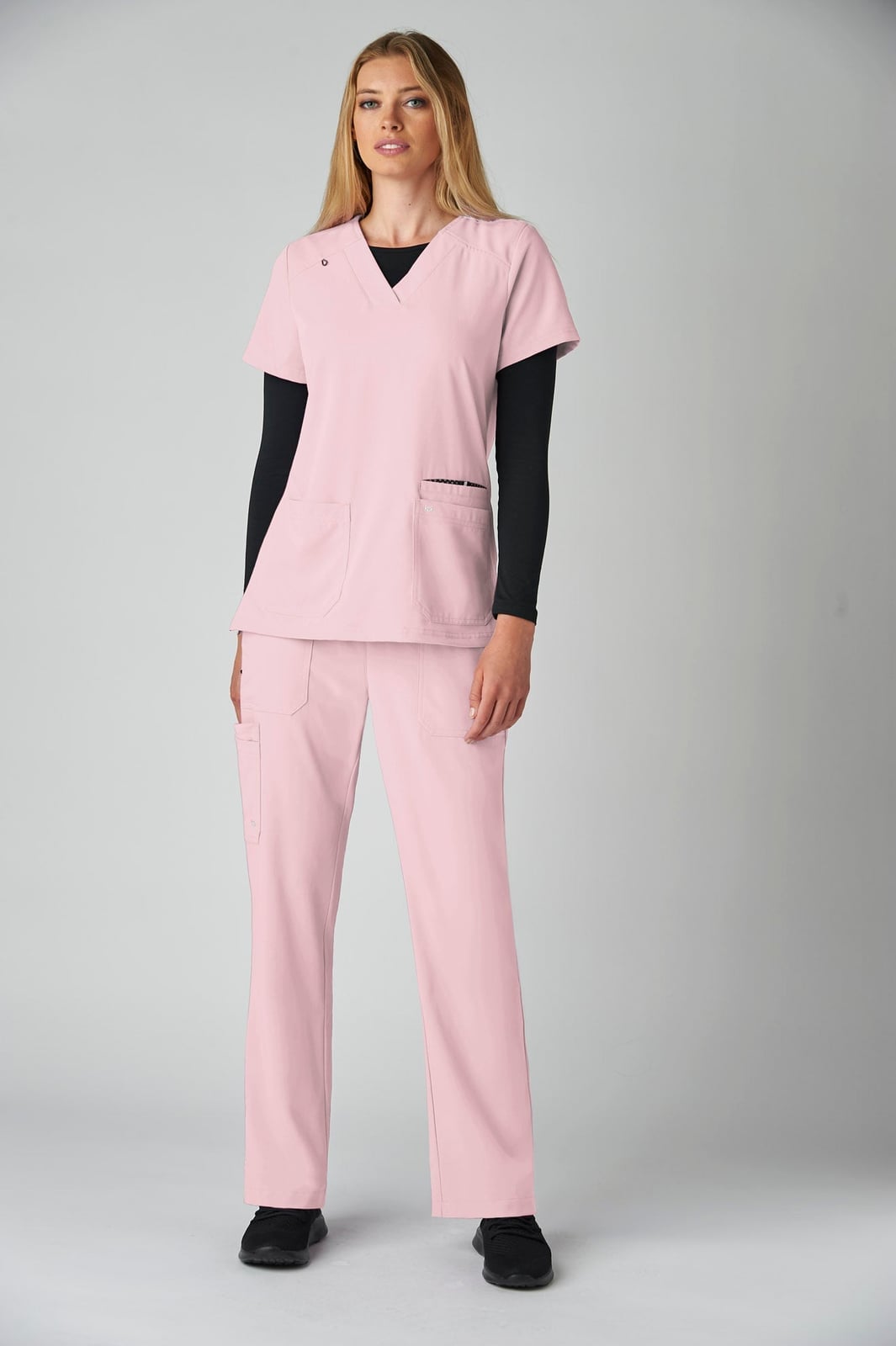 Fitted Pink Scrub Set with Black Long-Sleeve Shirt — Cute Scrubs Outfits