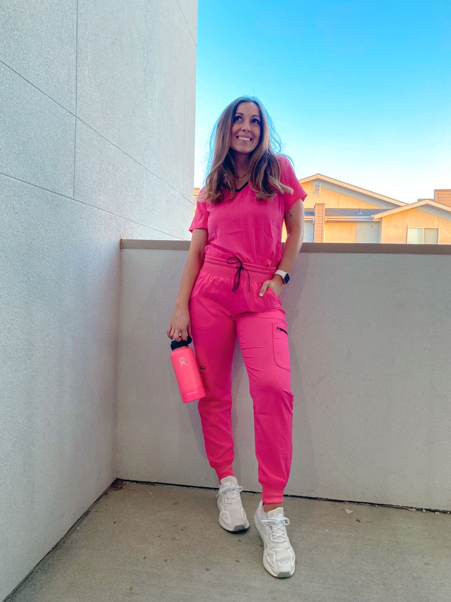 Bright Pink Jogger Scrub Pants with V-neck Top and White Sneakers — Cute Scrubs Outfits