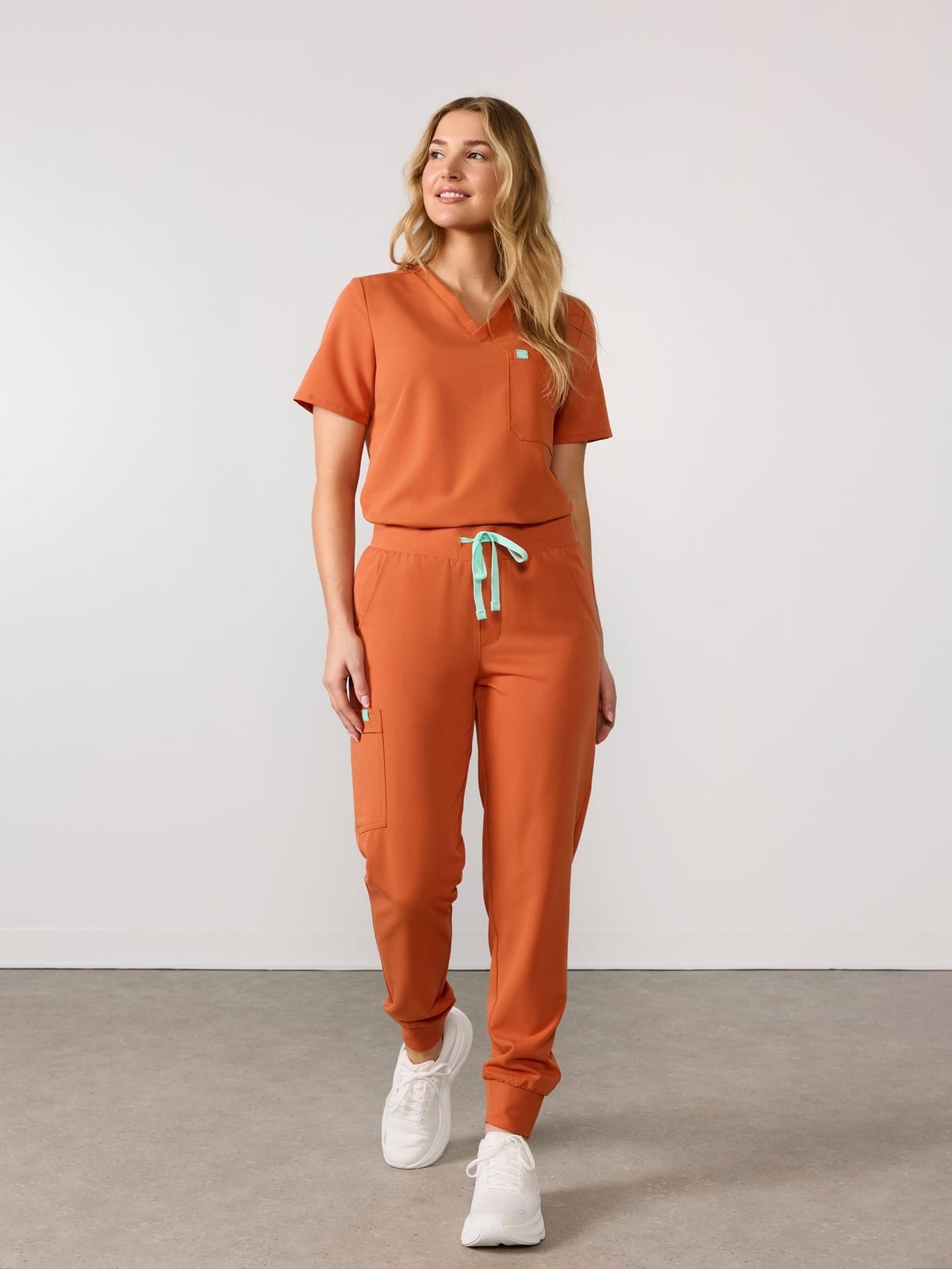Burnt Orange Jogger Scrub Set with Mint Green Drawstring — Cute Scrubs Outfits