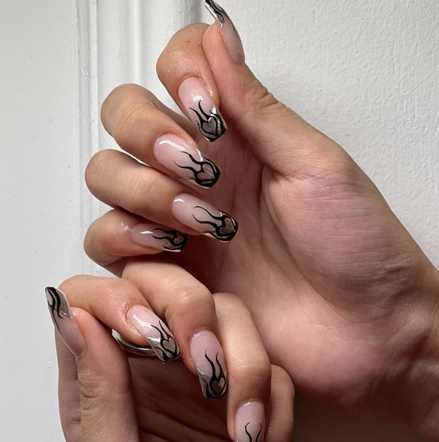 Sheer Nude Flame Art Short Coffin Nails Sheer Nude Flame Art Short Coffin Nails — Cute Short Coffin Nails