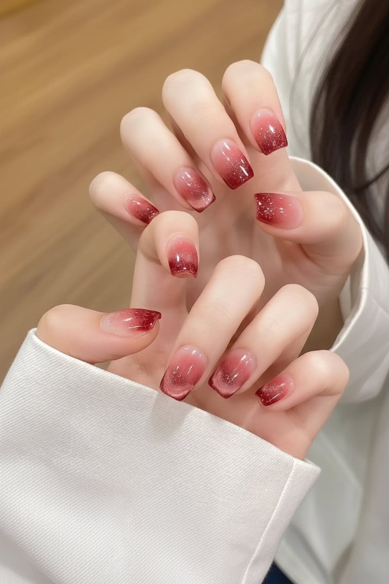 Red Ombre Glitter Short Coffin Nails Red Ombre Glitter Short Coffin Nails — Cute Short Coffin Nails
