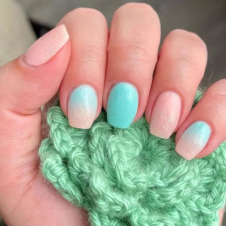 Pink Aqua Glitter Gradient Short Coffin Nails Pink Aqua Glitter Gradient Short Coffin Nails — Cute Short Coffin Nails