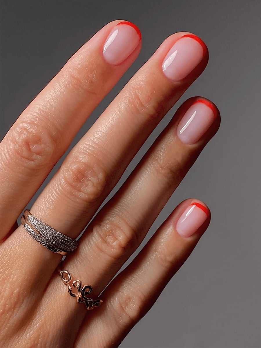 Sheer Pink Thin Red Line French Short Round Nails Sheer Pink Thin Red Line French Short Round Nails — Cute Short Round Nails