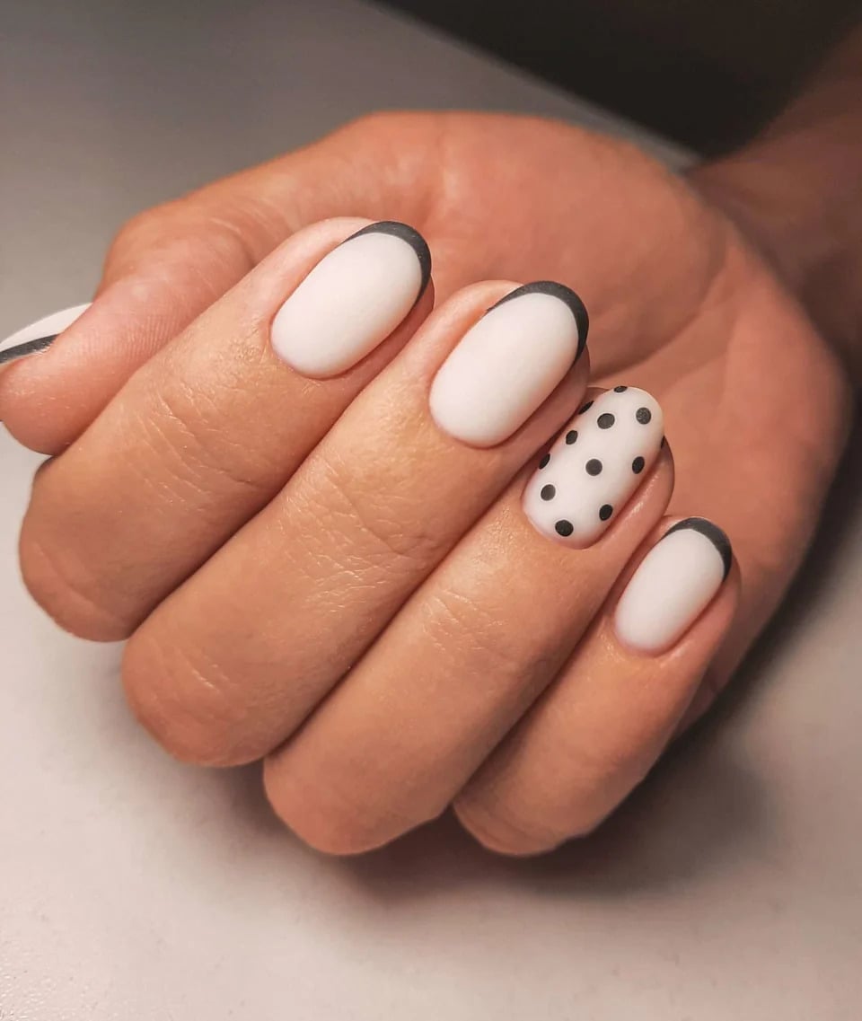 Matte White Black French Tip Short Round Nails Matte White Black French Tip Short Round Nails — Cute Short Round Nails