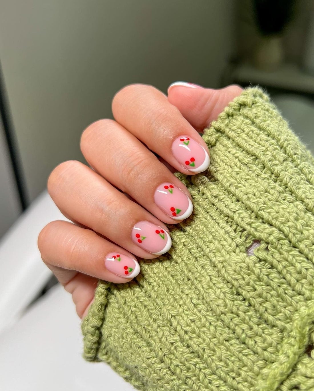 Pink French Cherry Art Short Round Nails Pink French Cherry Art Short Round Nails — Cute Short Round Nails