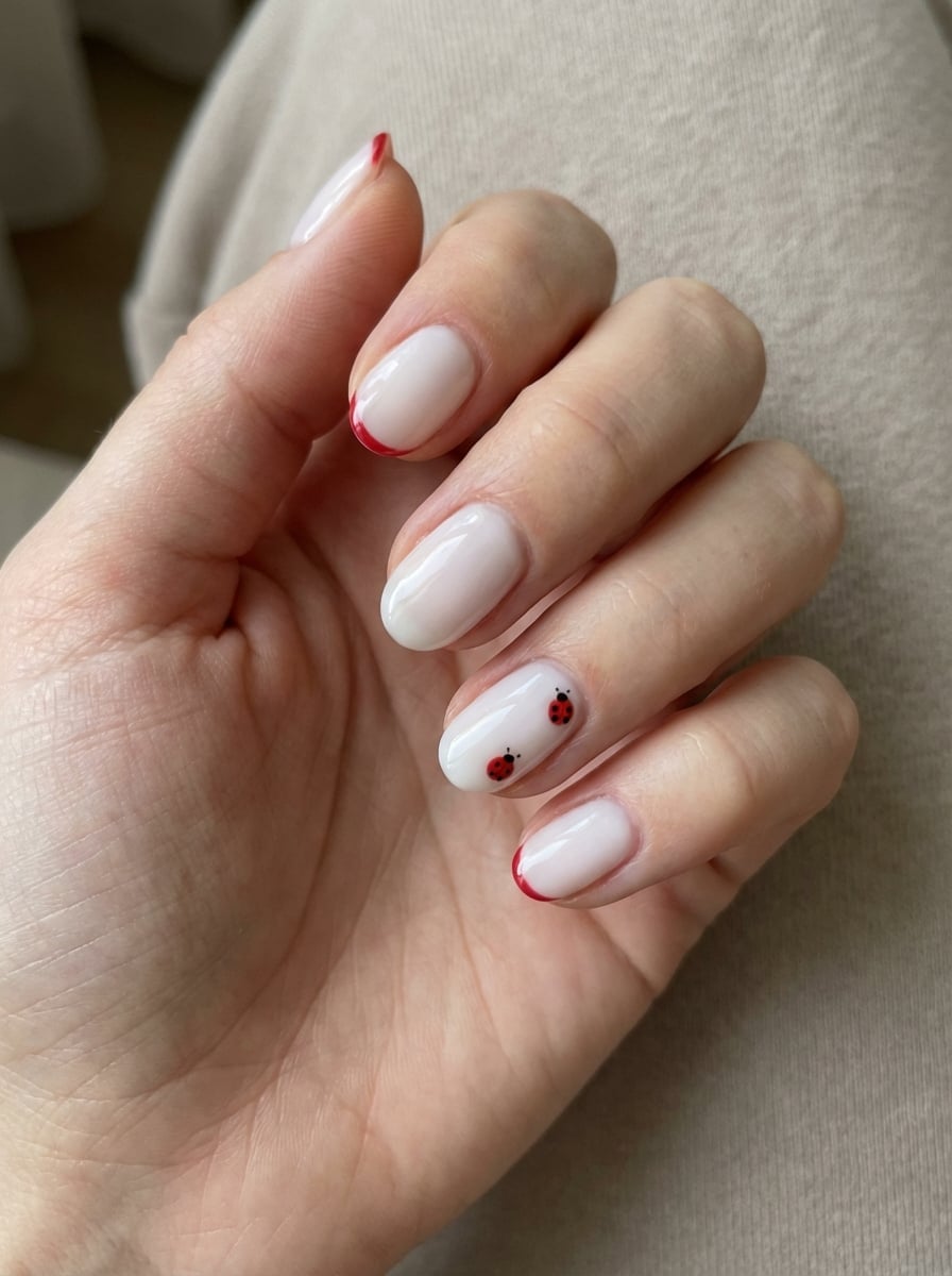 Off-White Ladybug French Tip Short Round Nails Off-White Ladybug French Tip Short Round Nails — Cute Short Round Nails