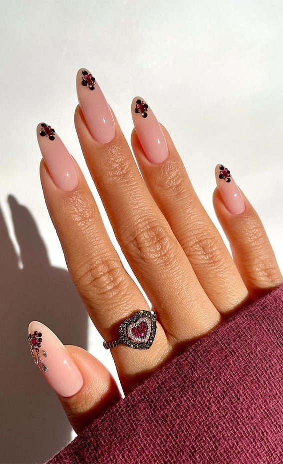 Nude Pink Almond Nails with Gem Accents — Cute Simple Nails