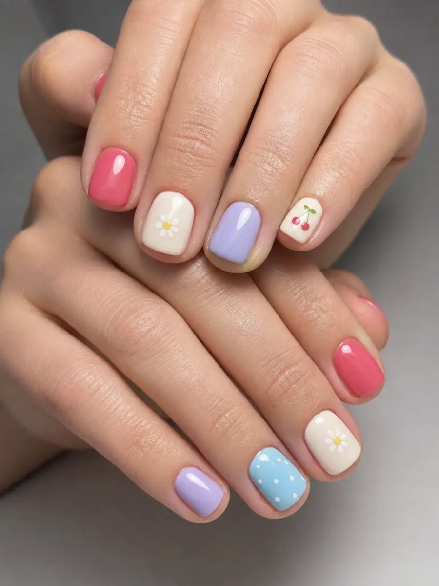 Short Square Nails with Mixed Motifs — Cute Simple Nails