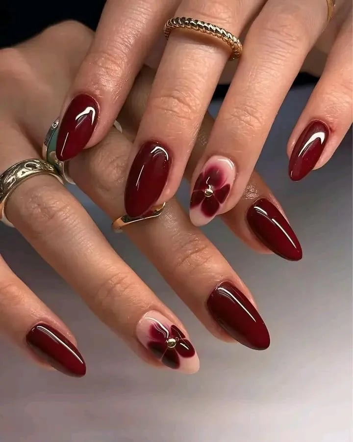 Deep Burgundy Stiletto Nails with Floral Art — Cute Simple Nails