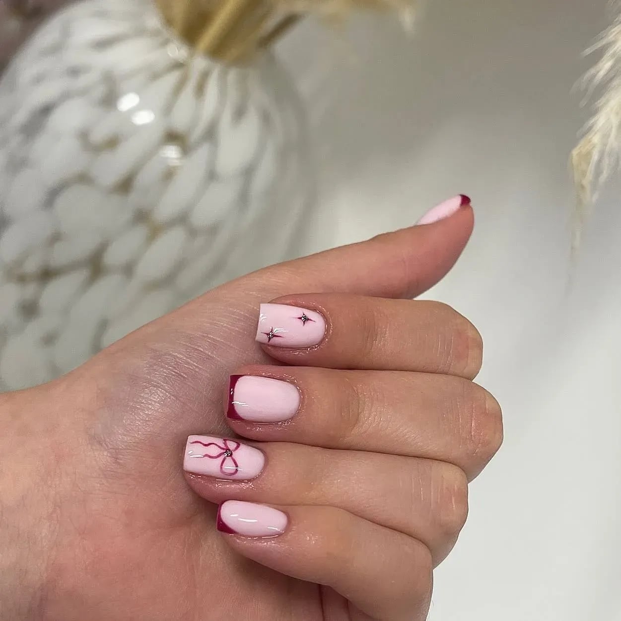 Pale Pink Square Nails with Burgundy French Tips — Cute Simple Nails