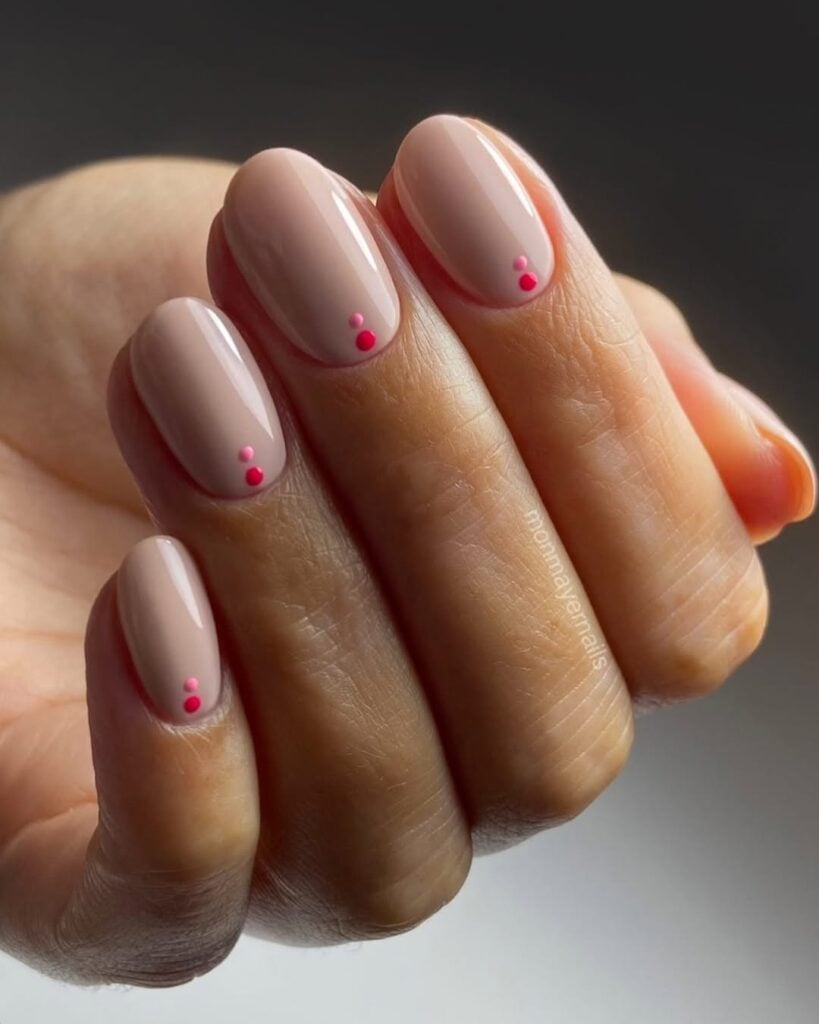 Neutral Beige Oval Nails with Pink Dots — Cute Simple Nails