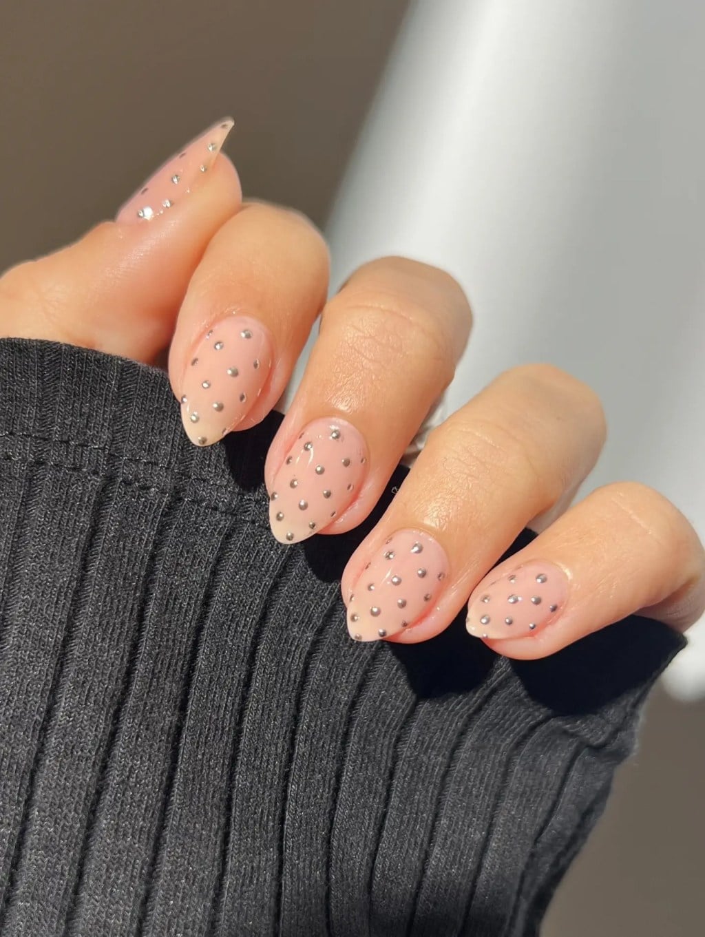 Nude Pink Almond Nails with Silver Dots — Cute Simple Nails
