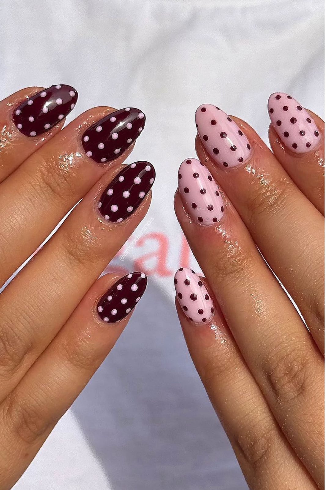 Burgundy and Pink Oval Nails with Polka Dots — Cute Simple Nails