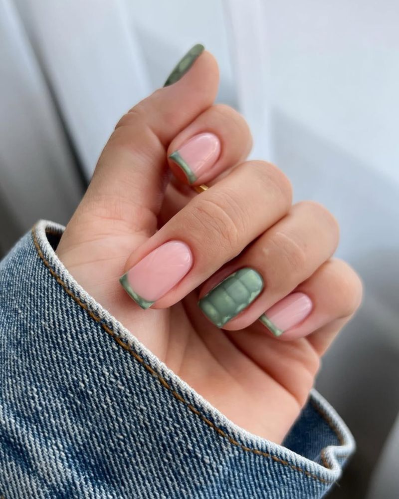 Soft Pink Square Nails with Green Textured French — Cute Simple Nails