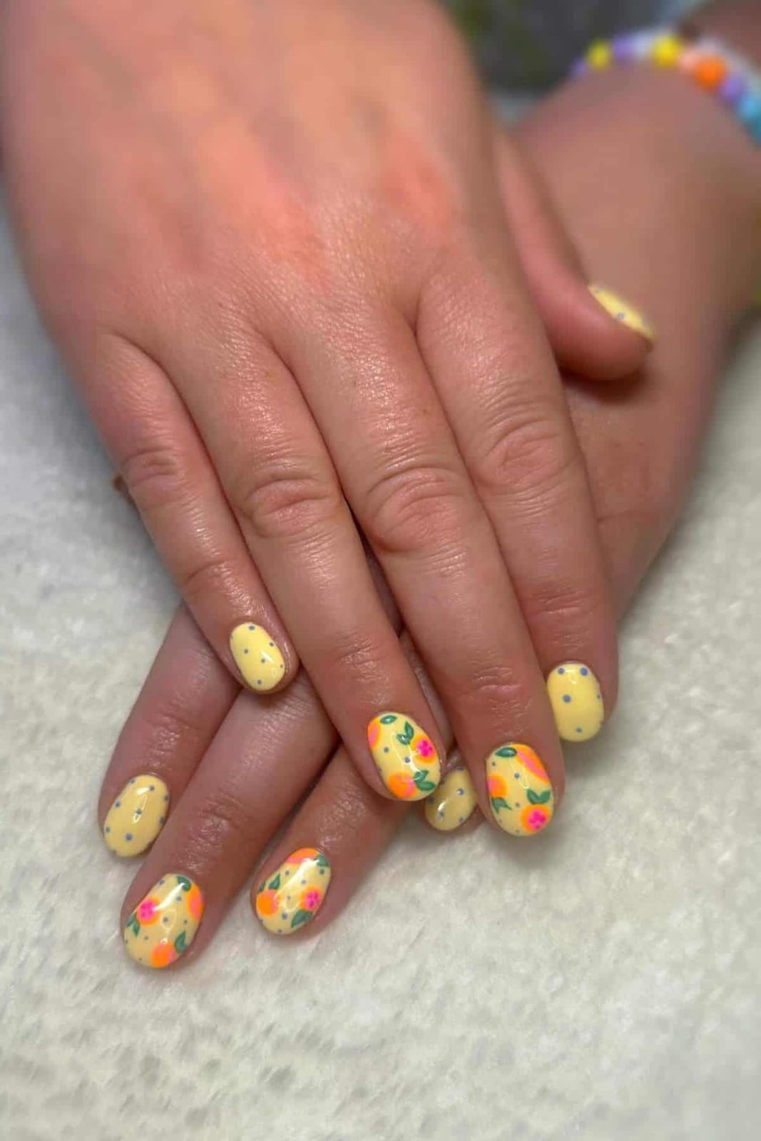 Bright Yellow Round Nails with Fruit and Flowers — Cute Simple Nails