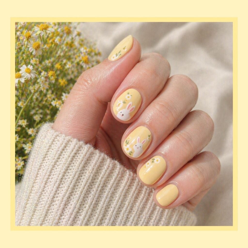 Pale Yellow Short Almond Nails with Bunny Art — Cute Simple Nails