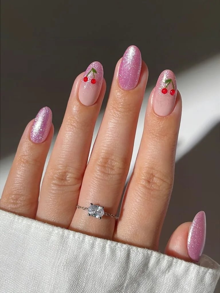 Pink Gradient Oval Nails with Cherry Art — Cute Simple Nails