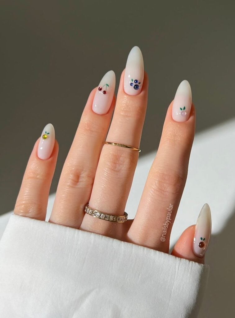 Milky White Almond Nails with Fruit Motifs — Cute Simple Nails