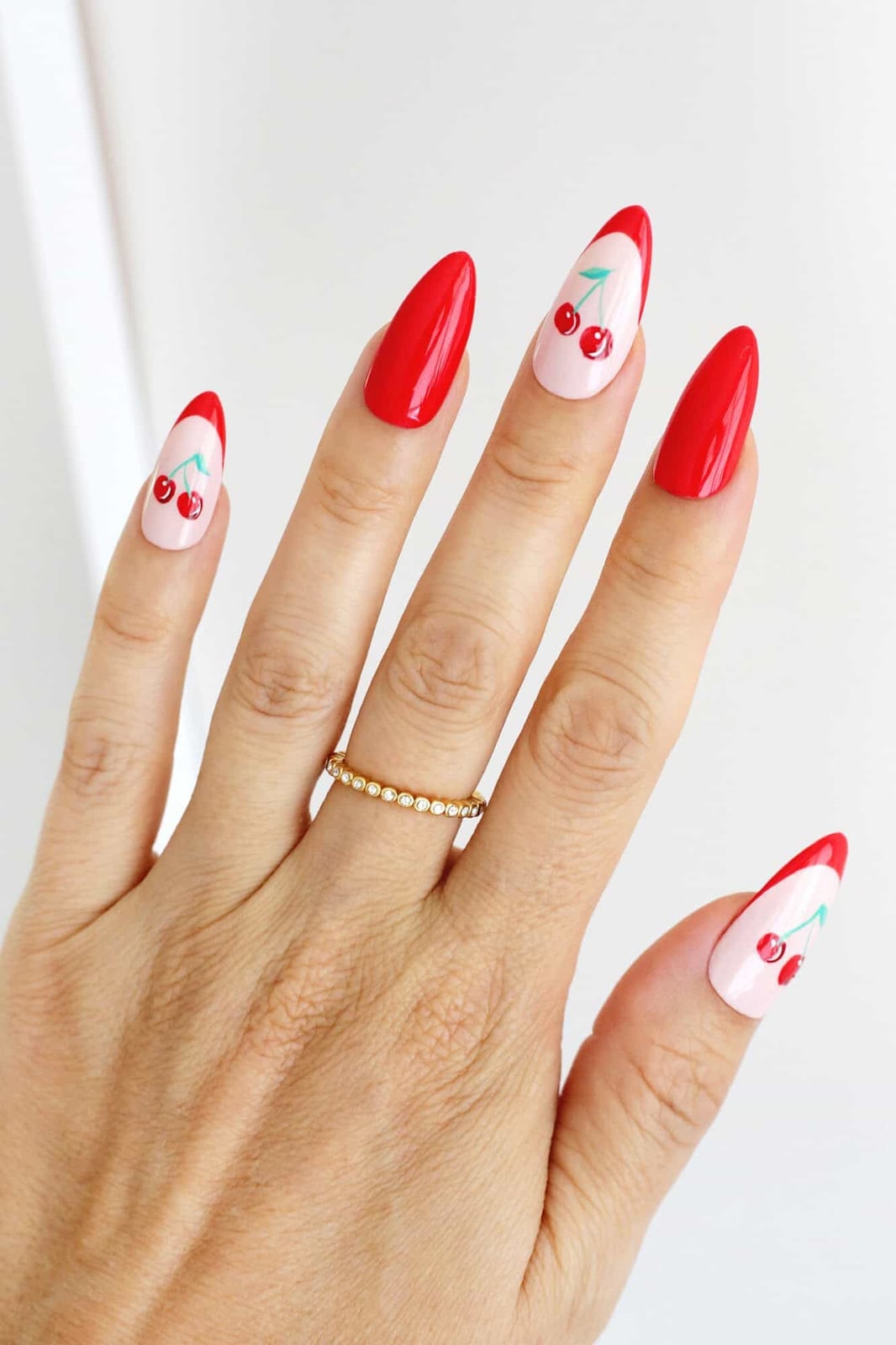 Red Tip Almond Nails with Cherry Art — Cute Simple Nails