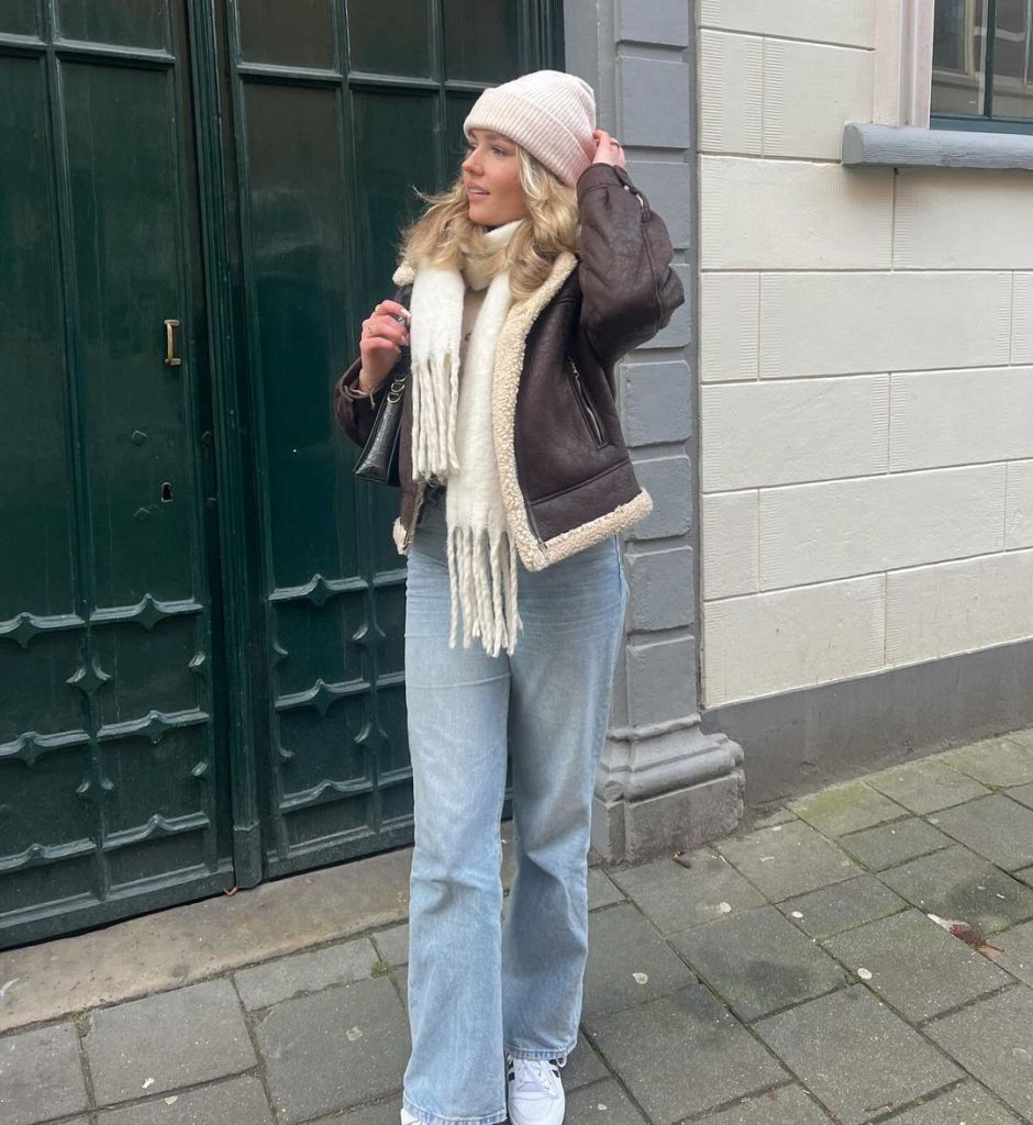 Shearling Jacket Over Knit Sweater and Jeans Shearling Jacket Over Knit Sweater and Jeans — Cute Simple Outfits