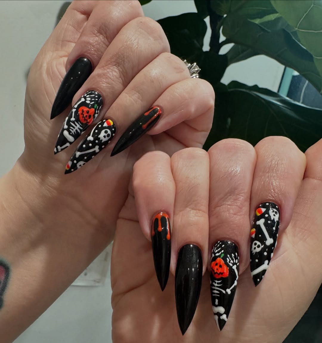 Long Sharp Black White Orange Skull Nails — Cute Skull Nails