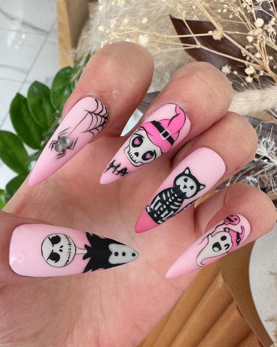 Long Stiletto Pink Skull Cat Ghost Nails — Cute Skull Nails