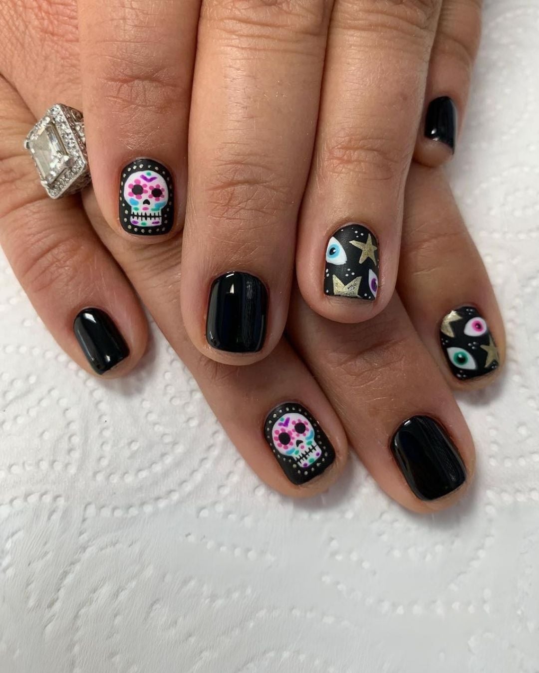 Short Square Black Colorful Skull Nails — Cute Skull Nails