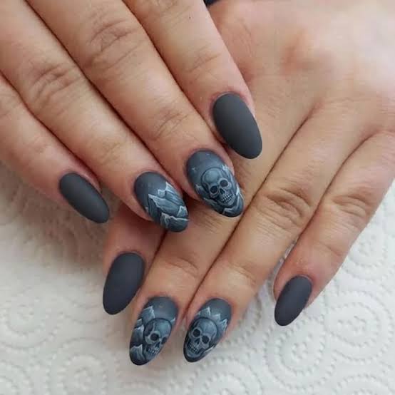 Medium Almond Matte Grey Skull Floral Nails — Cute Skull Nails