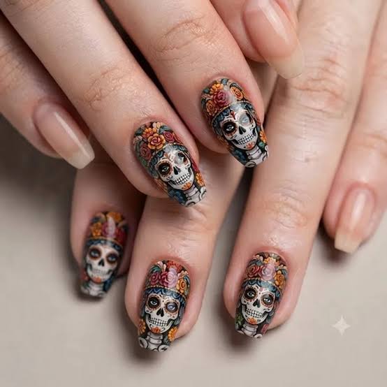 Medium Coffin Pink Day Of The Dead Skulls — Cute Skull Nails