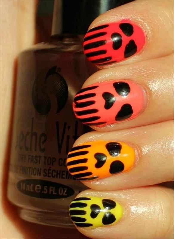 Short Oval Neon Pink Orange Yellow Skull Nails — Cute Skull Nails