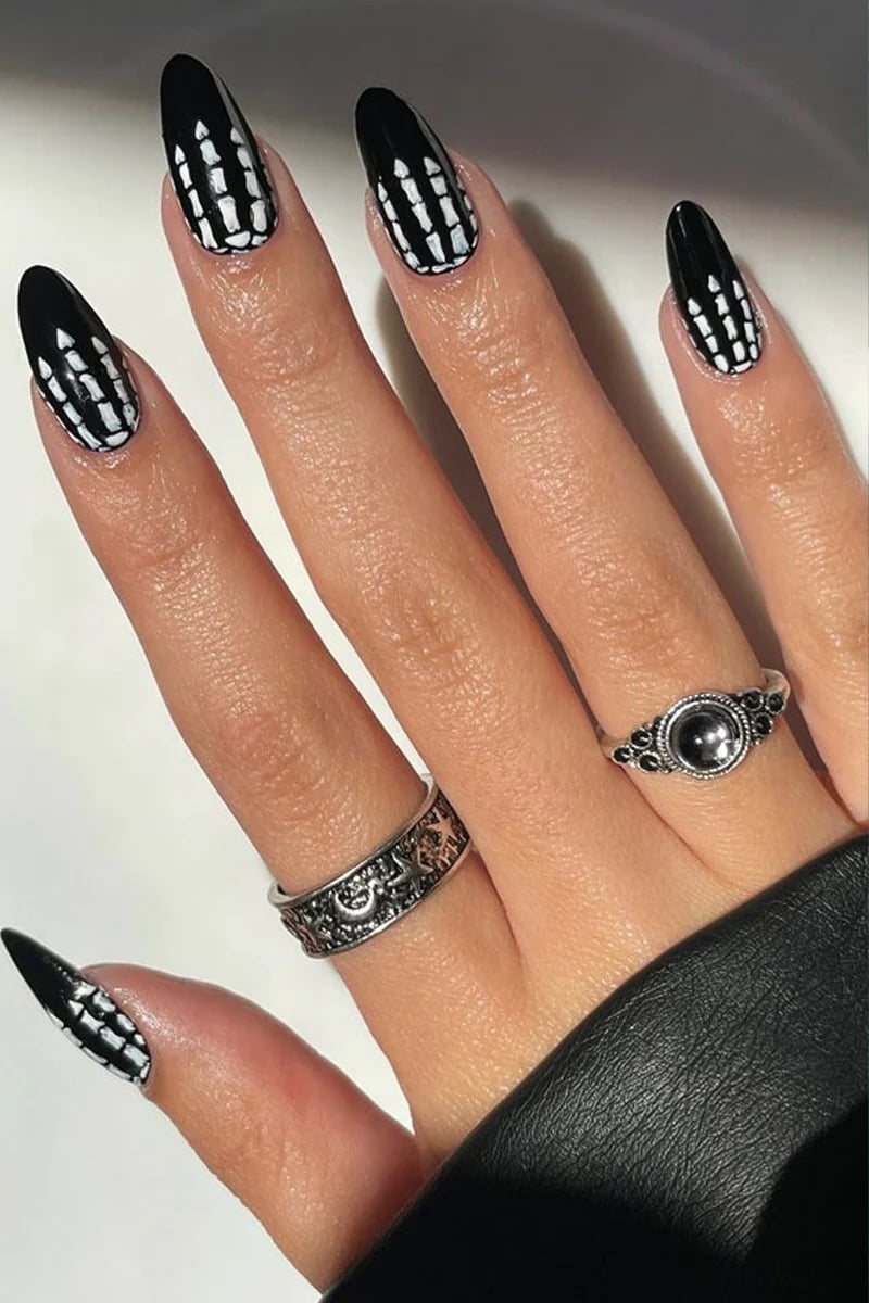Long Stiletto Black White Skeleton Bone Nails — Cute Skull Nails