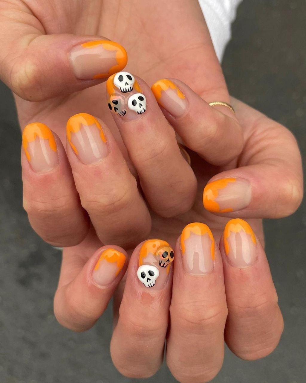 Short Oval French Tip 3D Skull Nails — Cute Skull Nails