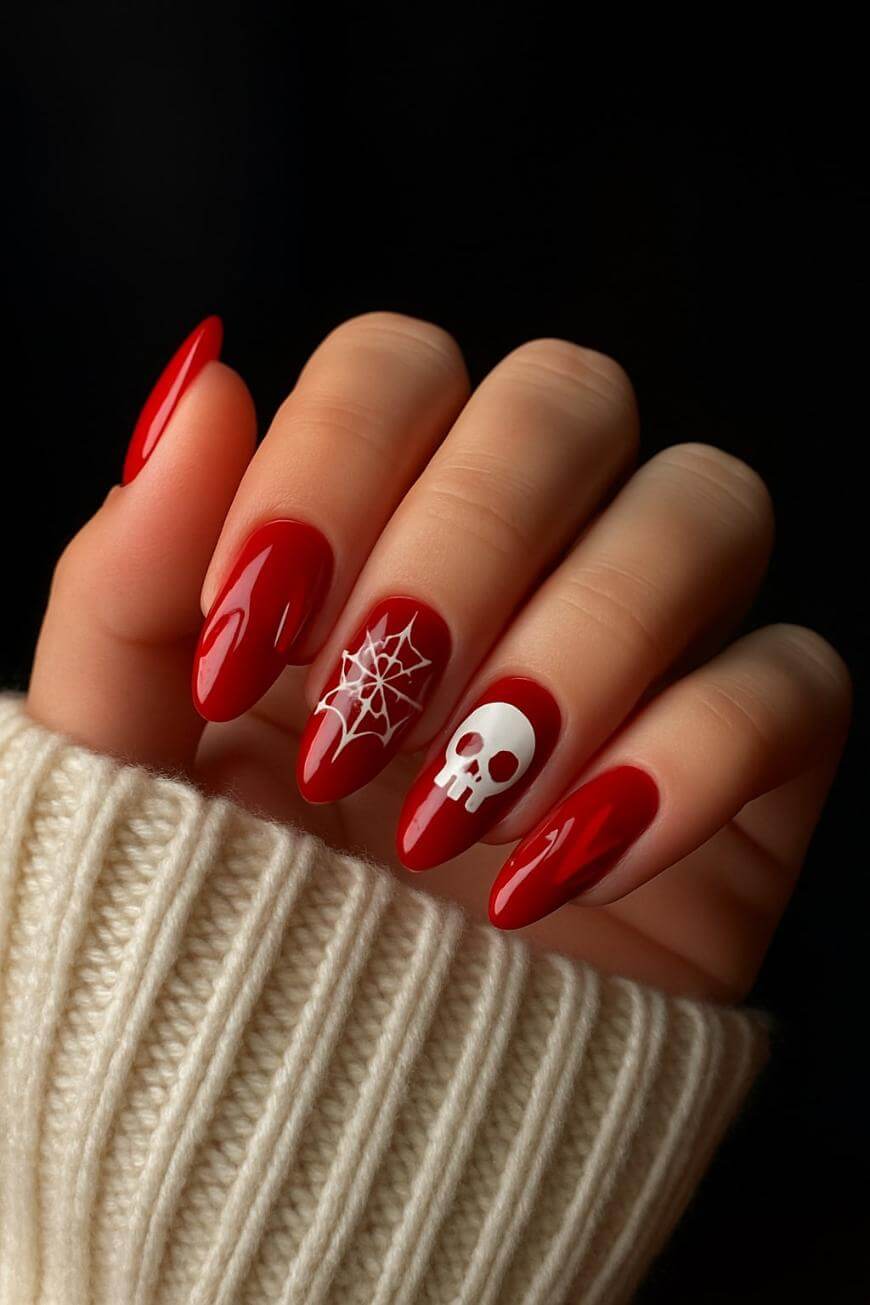 Vibrant Red Almond Nails With White Skull — Cute Skull Nails